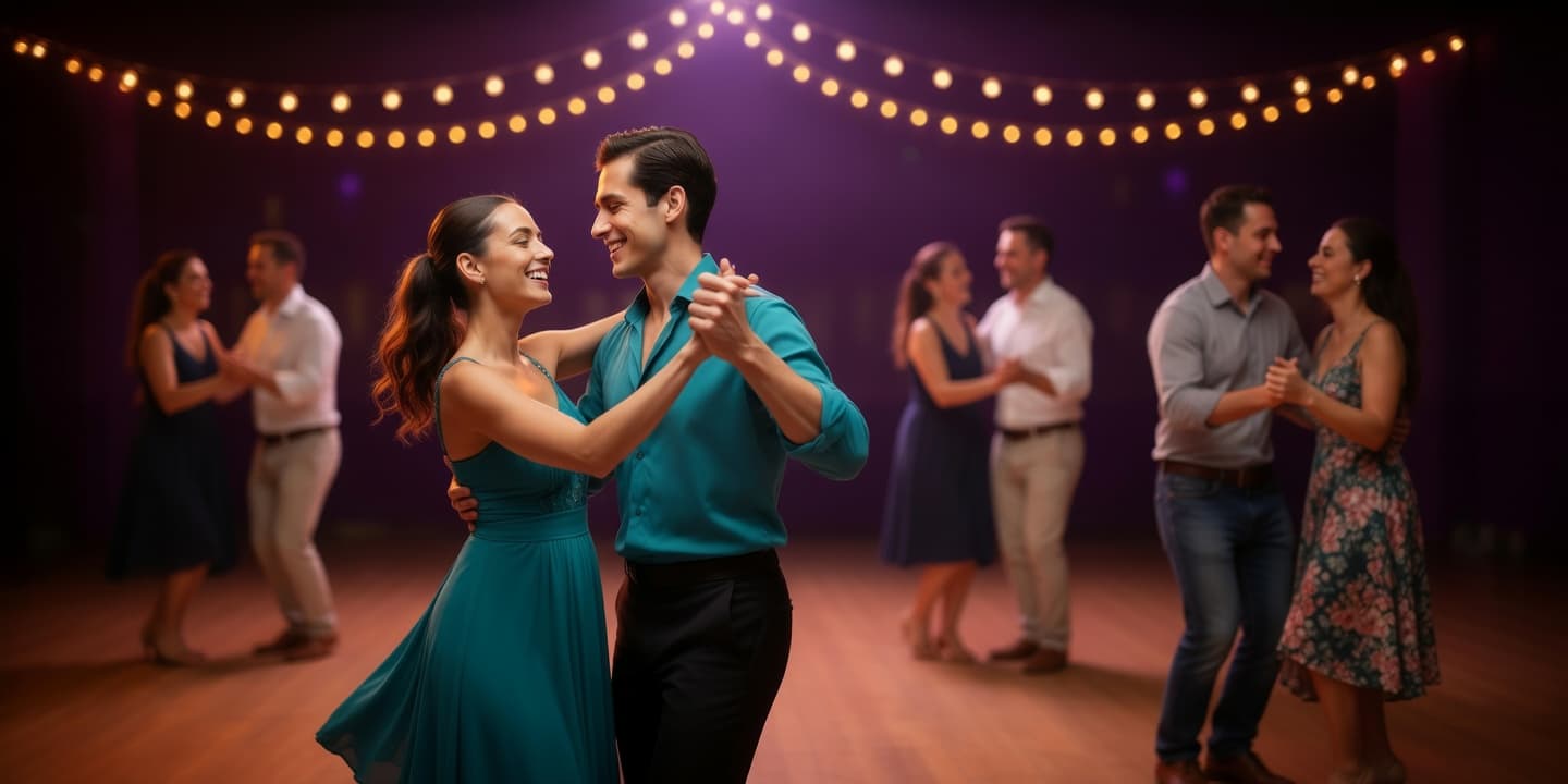 Couples dancing at a social dance event with fairy lights and warm purple lighting